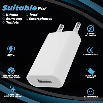 3pcs USB Wall Charger EU Plug Phone Charger Head 5V/1A Single Port USB Charging Block Travel Power Adapter for Mobile Phone
