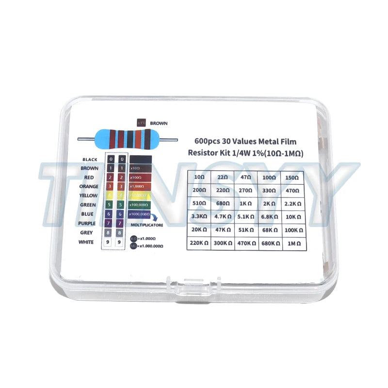 600 Pcs Metal Film Resistor Kit Assorted Kit 30 Values Metal Film Resistor Resistance 1/4W 1ohm-10Mohm 1% Tolerance