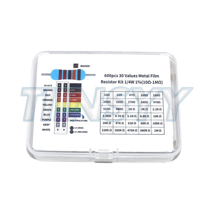 600 Pcs Metal Film Resistor Kit Assorted Kit 30 Values Metal Film Resistor Resistance 1/4W 1ohm-10Mohm 1% Tolerance