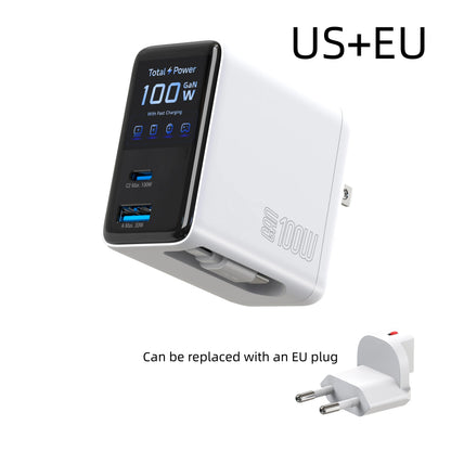 100W Wall Charger with 2-in-1 Retractable Cable And TFT Display Fast Charging GaN Charger for Phones Tablets And More
