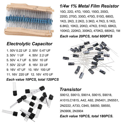 1500Pcs Electronic Components Starter Kit Resistor Capacitor LED Diode Transistor Assortment Pack for DIY Arduino