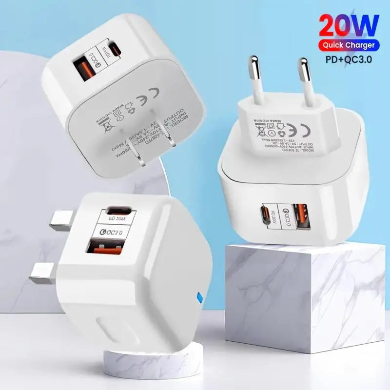 20W Dual Ports Wall Charger Type-C USB C Phone Fast Charger Super Quick Charging Power Adapters EU/US/UK Plug For iPhone Xiaomi