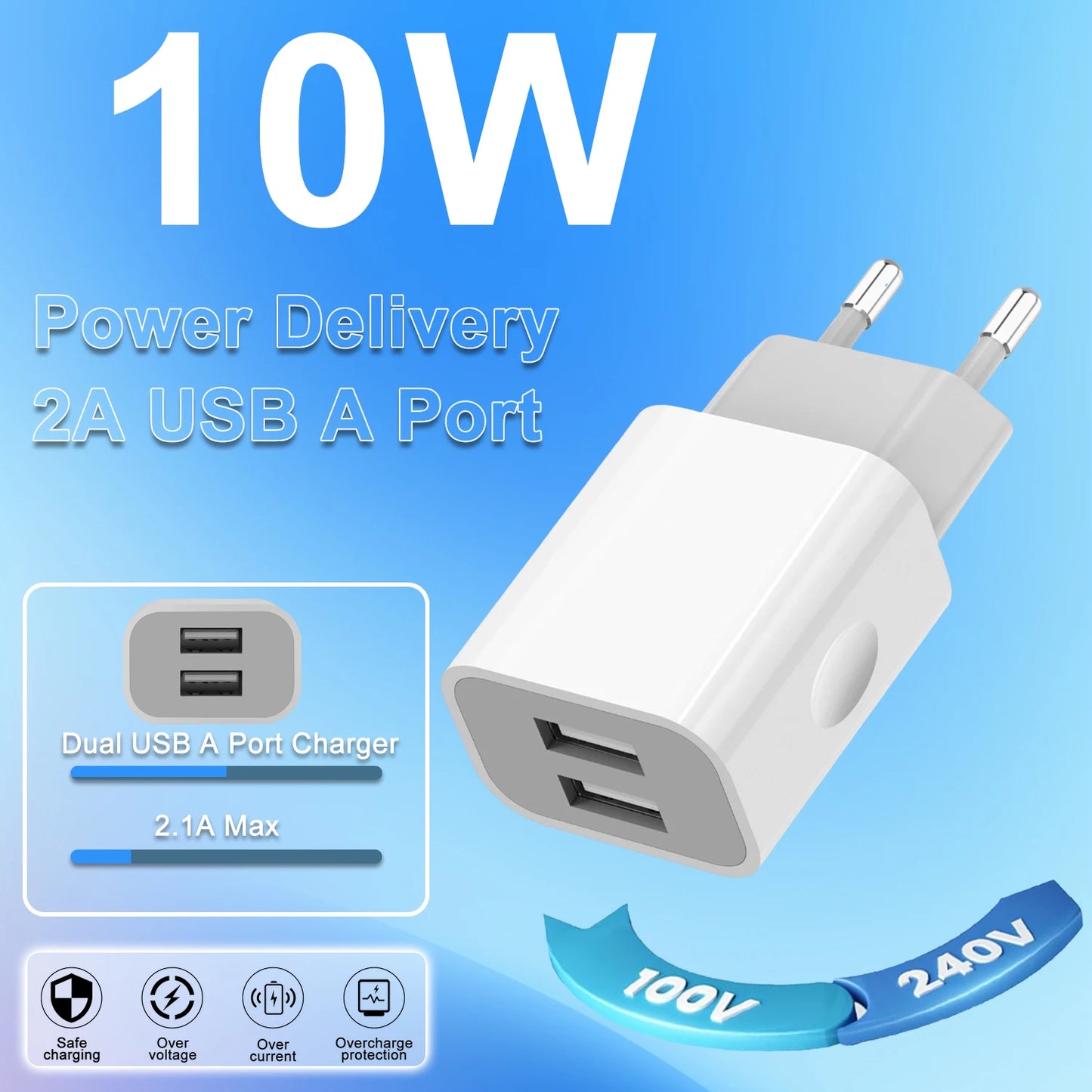 European Wall Charger, USB 2.1AMP Universal Europe Charger Block Dual Port Plug Compatible for Mobile Phone