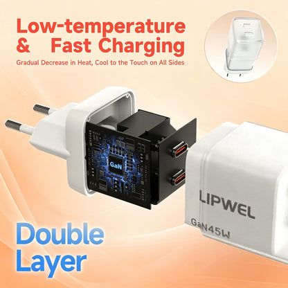 45W Dual USB‑C Port Fast Charger, GaN PD Wall Charger (Max 45W), EU Plug, Compact Travel Power Adapter for Phones, Tablets