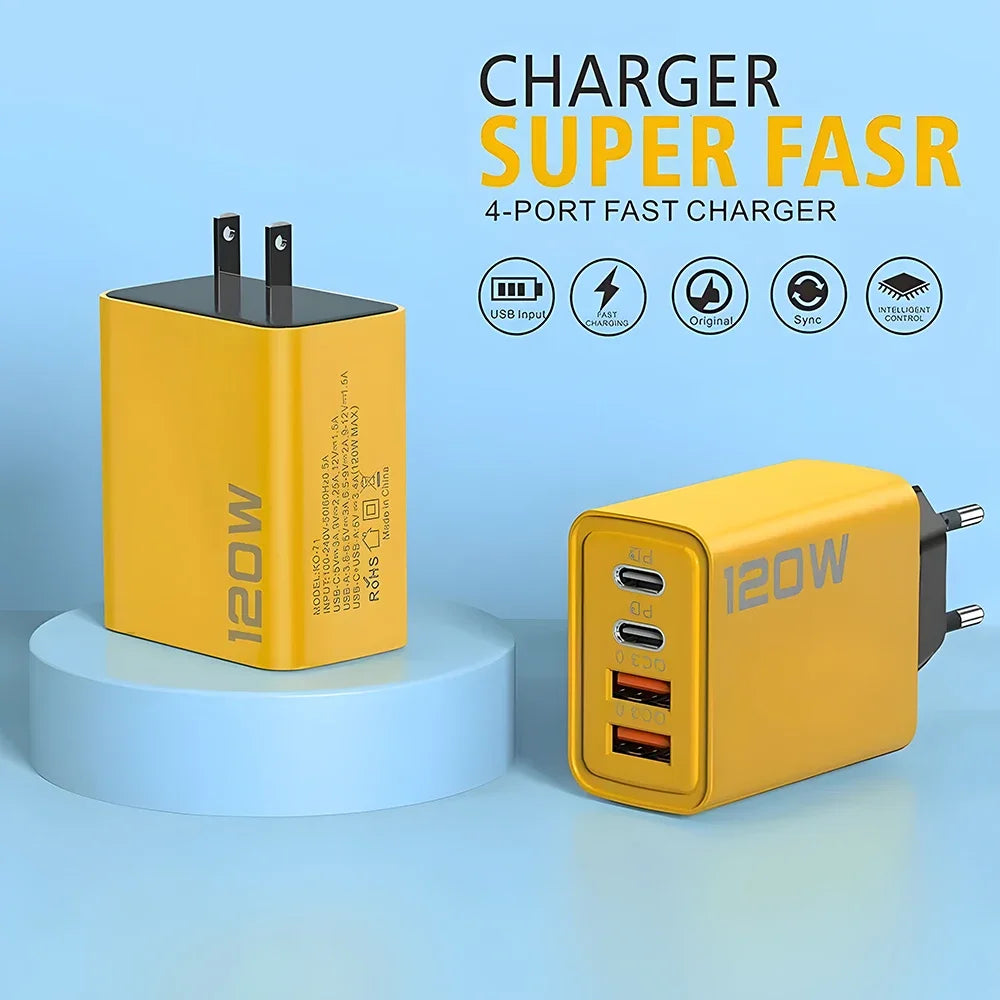 120W 4-Port Fast Charger PD USB 3.0 Type C Wall Charging Adapter EU US Plug Multi-port Phone Charger