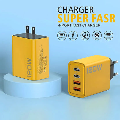 120W 4-Port Fast Charger PD USB 3.0 Type C Wall Charging Adapter EU US Plug Multi-port Phone Charger