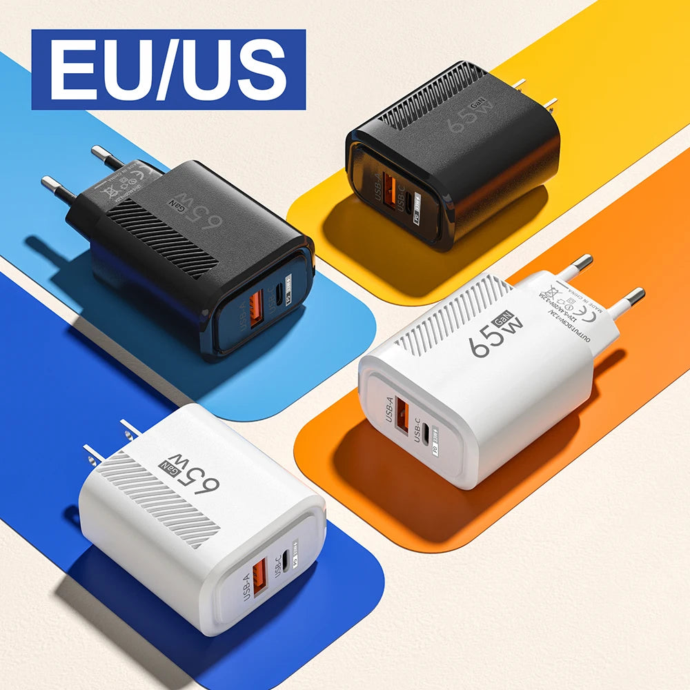 65W USB C Charger GaN Fast Charging Travel Wall Charger Quick Charge EU US Plug Phone Charger Adapter For iPhone Huawei Xiaomi