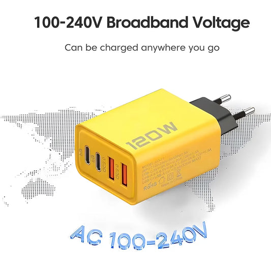 120W 4-Port Fast Charger PD USB 3.0 Type C Wall Charging Adapter EU US Plug Multi-port Phone Charger