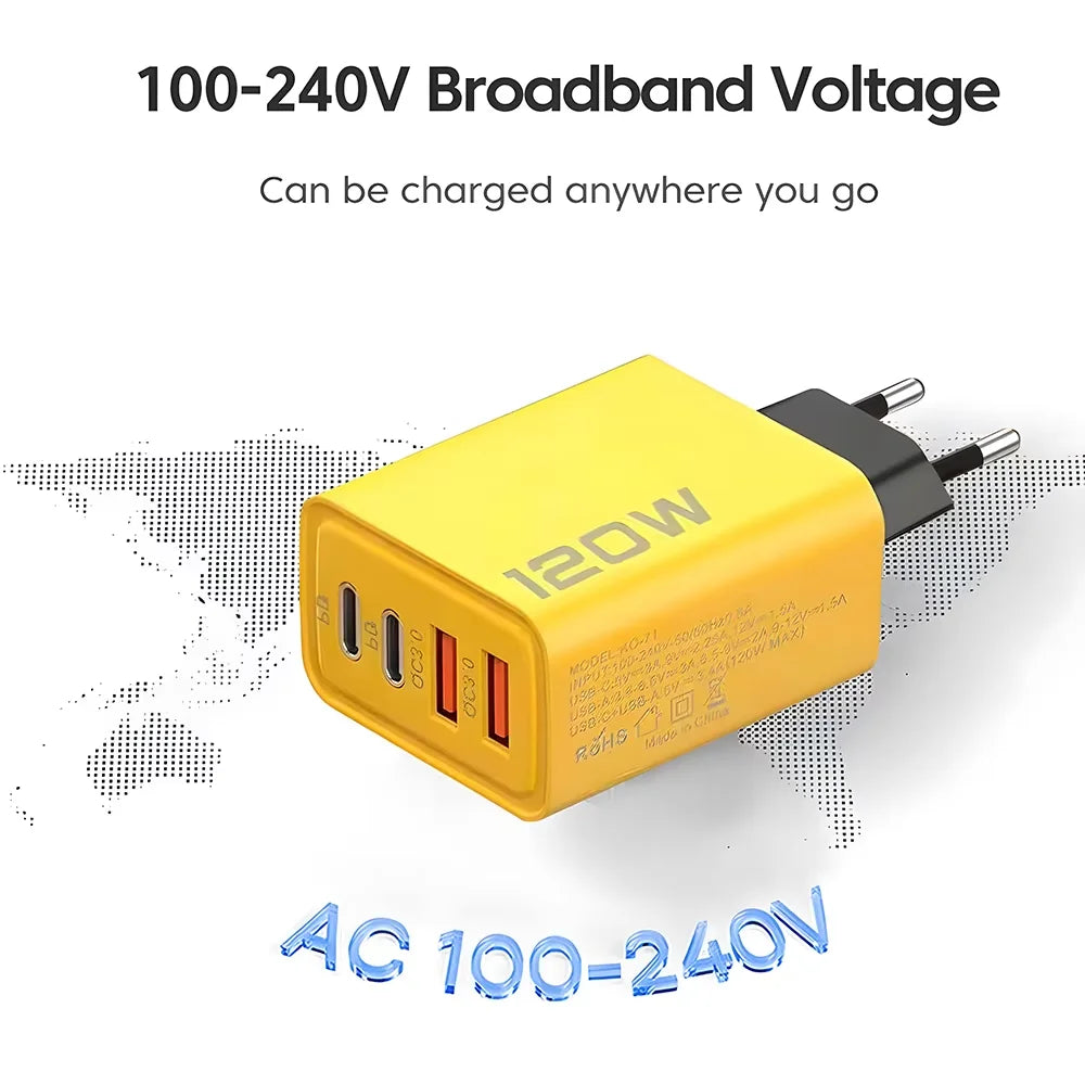 120W 4-Port Fast Charger PD USB 3.0 Type C Wall Charging Adapter EU US Plug Multi-port Phone Charger