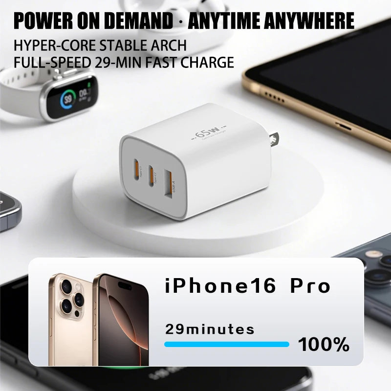 65W USB C Wall GaN Charger Block 3-Port PPS PD QC Fast Type C Charger 20V for Laptop Galaxy S24 iPhone 17 16 15,EU US Plug