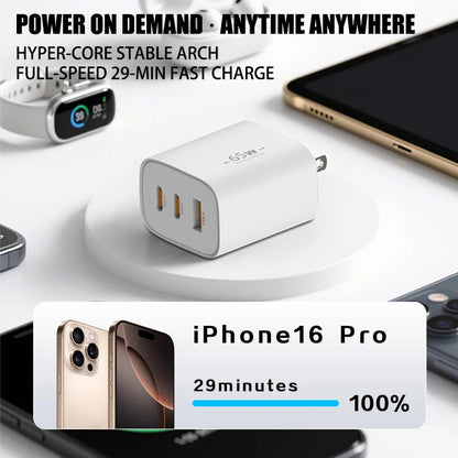 65W USB C Wall GaN Charger Block 3-Port PPS PD QC Fast Type C Charger 20V for Laptop Galaxy S24 iPhone 17 16 15,EU US Plug