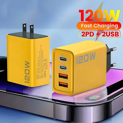 120W 4-Port Fast Charger PD USB 3.0 Type C Wall Charging Adapter EU US Plug Multi-port Phone Charger