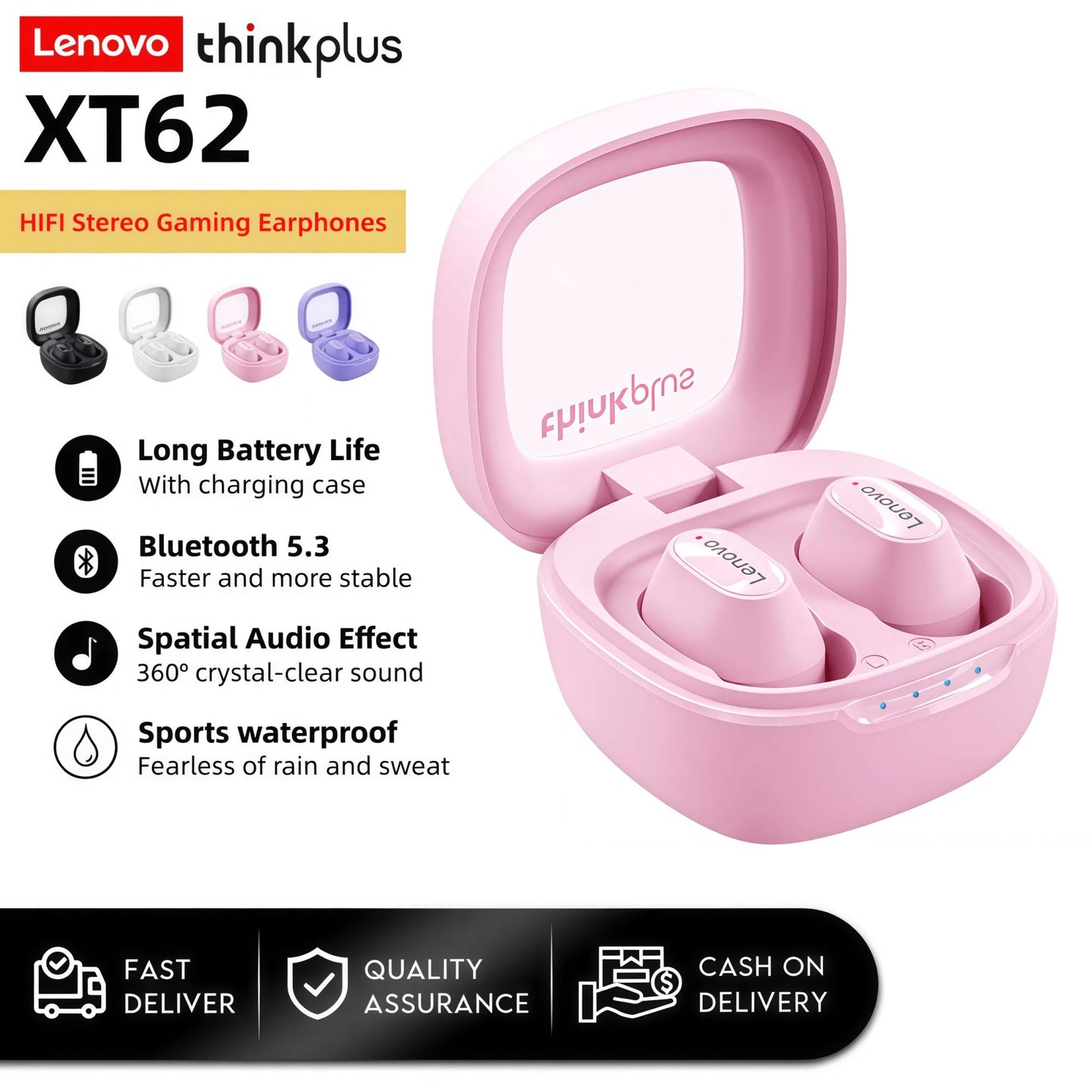 Lenovo XT62 TWS Bluetooth Headphones High Fidelity Headphones with HD Microphone Conversation Sports Headphones