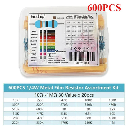 300-2600PCS 1/4W Resistor Kit 1% Metal Film Resistors 0.25W 10Ω~1MΩ / 1Ω~3MΩ Resistance Box for DIY Electronics & Circuit Repair