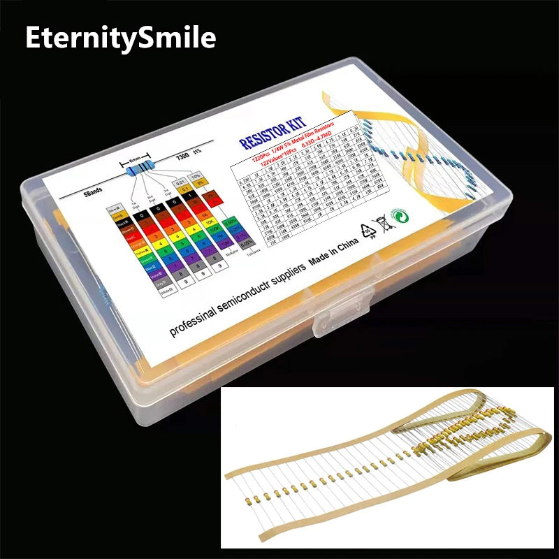 1220Pcs/Box Metal Film Resistors Kit 122 Values 1/4W 5% 0.33Ohm-910OR-1k-820k-910K-4.7M High Precision Resistance Set Assortment