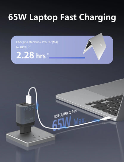 65W GaN Charger, 3-Port Fast Charger, USB-C PD 3.0, QC3.0, EU Plug Wall Charger, Multi-Device Charging, Compact Travel Charger,