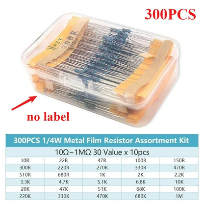 300-2600PCS 1/4W Resistor Kit 1% Metal Film Resistors 0.25W 10Ω~1MΩ / 1Ω~3MΩ Resistance Box for DIY Electronics & Circuit Repair
