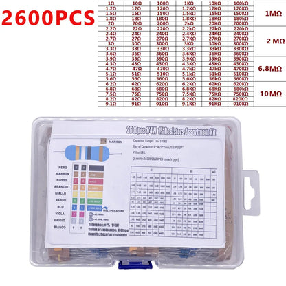 300/600/2600pcs 1% Resistor Set Resistance 1/4W Metal Film Resistors Kit 10Ohm ~1M Ohm 30/130Values Electronic Components Kit
