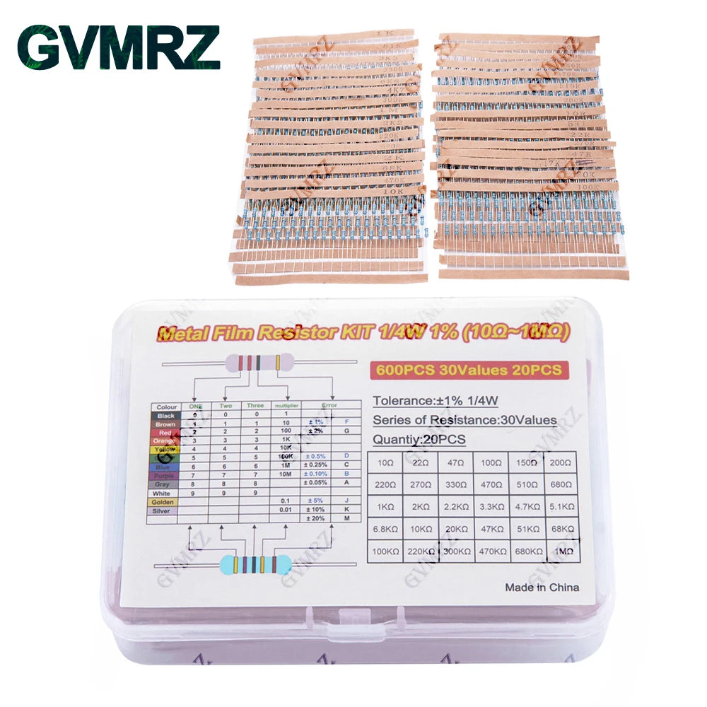 600PCS 30Values 1/4W Metal Film Resistor Assortment Kit - 20PCS Each, Boxed for Electronics DIY, Repair & Projects