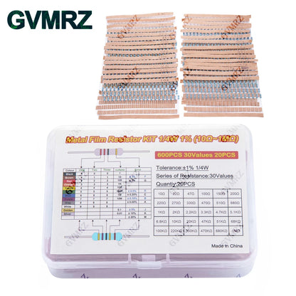 600PCS 30Values 1/4W Metal Film Resistor Assortment Kit - 20PCS Each, Boxed for Electronics DIY, Repair & Projects