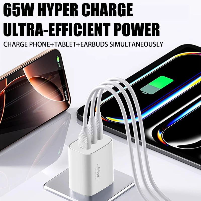 65W USB C Wall GaN Charger Block 3-Port PPS PD QC Fast Type C Charger 20V for Laptop Galaxy S24 iPhone 17 16 15,EU US Plug