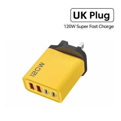 120W 4-Port Fast Charger, PD USB3.0 Type-C Wall Charging Adapter, Multi-port Phone Charger with EU & US Plugs