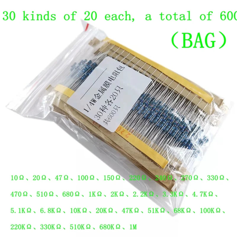 820pcs/set 30 Kinds 1/4W Resistance 1% Metal Film Resistor Pack Assorted Kit 1K 10K 100K 220ohm 1M 300pcs/set or 410/600PCS