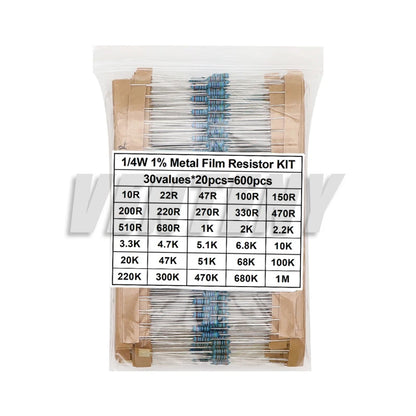 300/600PCS 30Values 1/4W Metal Film Resistor Kit with Box 10Ohm ~1M Resistance 1% Set of Resistors