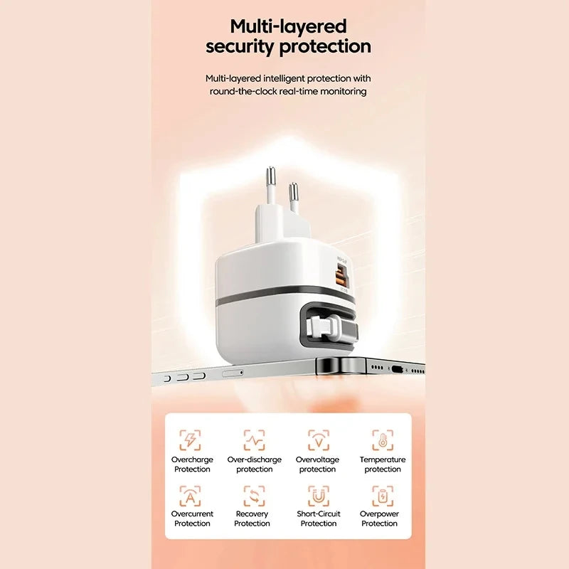 65W Charger with Retractable Cable 3- port Fast Charging Charger with Foldable Pin Original Table Chargers 2025