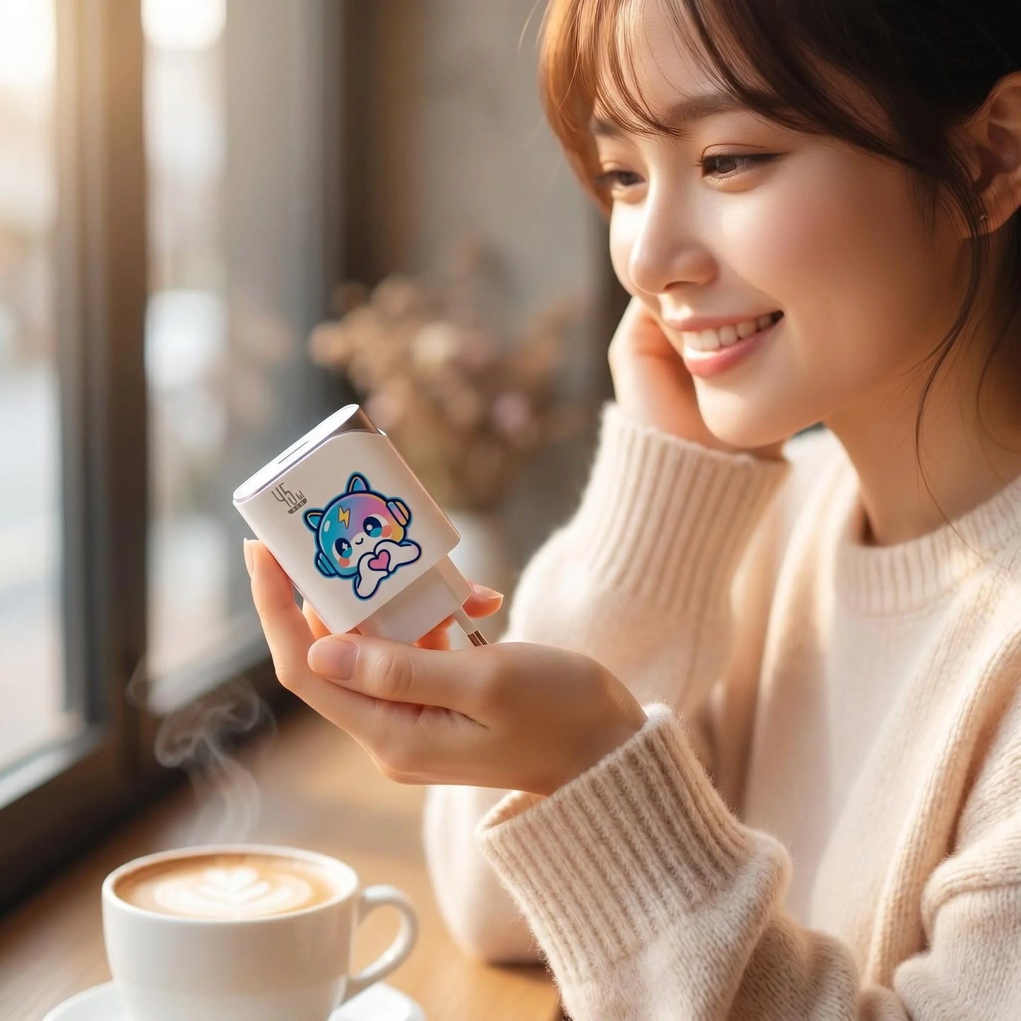 45W GaN Cute Cartoon Fast Charger EU Plug, Dual USB-A & Type-C Port Wall Charger for Multi Devices Home Office Travel