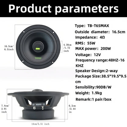 6.5 Inch Speakers Sound for Cars Max 200W Car Speakers Sound System Car Stereo 2-way Coaxial Speakers