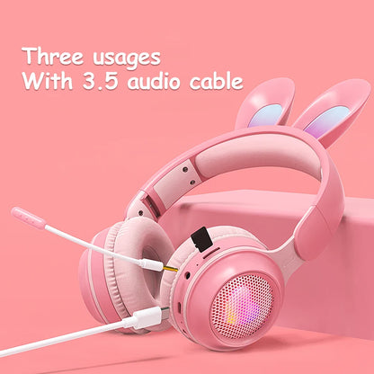 Wireless Headphones Rabbit Ear Headphones with Microphone Cute Girl Music Bluetooth Headphones for Kids Gaming Headphones