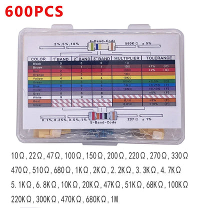 300/600/2600pcs 1% Resistor Set Resistance 1/4W Metal Film Resistors Kit 10Ohm ~1M Ohm 30/130Values Electronic Components Kit