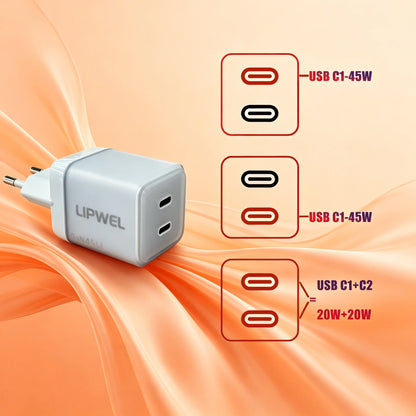45W Dual USB‑C Port Fast Charger, GaN PD Wall Charger (Max 45W), EU Plug, Compact Travel Power Adapter for Phones, Tablets