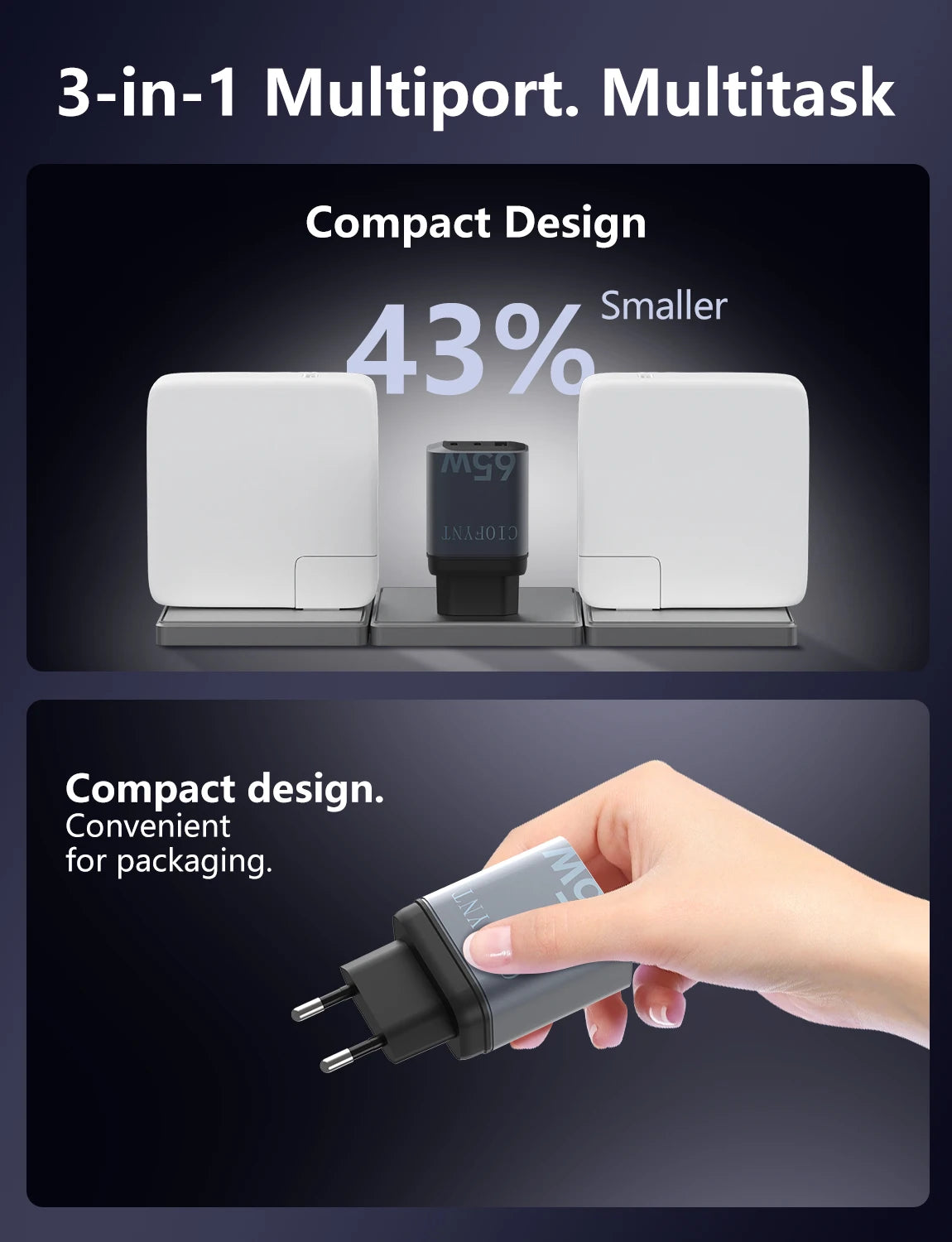 65W GaN Charger, 3-Port Fast Charger, USB-C PD 3.0, QC3.0, EU Plug Wall Charger, Multi-Device Charging, Compact Travel Charger,