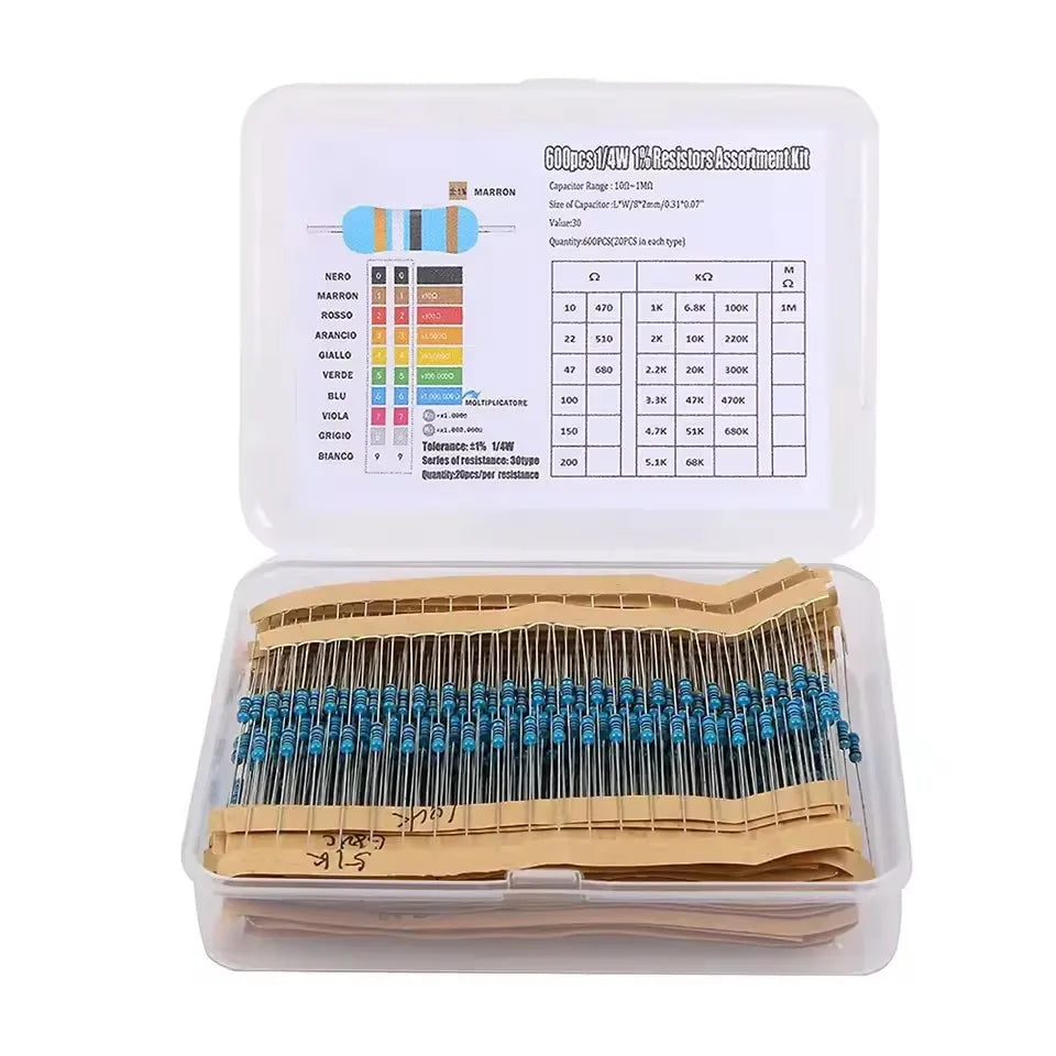 300/600/2600pcs 1/4W Metal Film Resistor 30/130 Values Resistance Kit 1Ω-3Mohm 0.25W 1% Resistors Set 10K 22ohm 33R 4.7K 5K1 1M