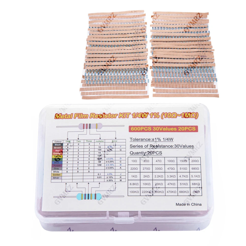 600PCS 30Values 1/4W Metal Film Resistor Assortment Kit - 20PCS Each, Boxed for Electronics DIY, Repair & Projects 1/4W