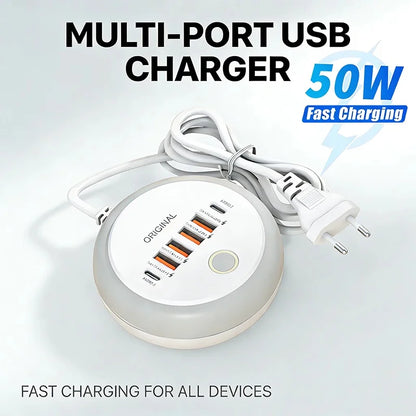 50W 6 Ports USB Charger Phone Power Strip Socket Type C Fast Charging Wall Charger USB PD Adapter For iPhone Huawei Xiaomi Vivo