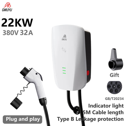 GWUYU GBT Standard EV Charger 11KW-22KW 3-Phase for Household Car Charging Station Wall Mount with 5m Charging Cable