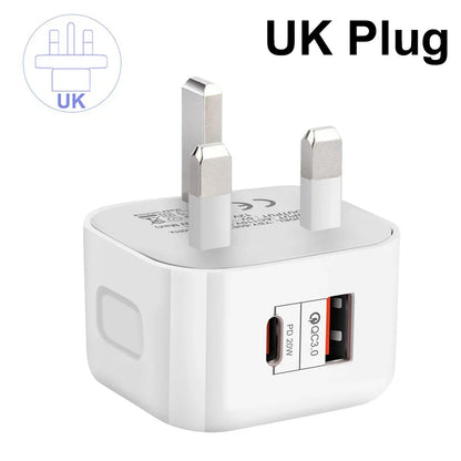 20W Dual Ports Wall Charger Type-C USB C Phone Fast Charger Super Quick Charging Power Adapters EU/US/UK Plug For iPhone Xiaomi