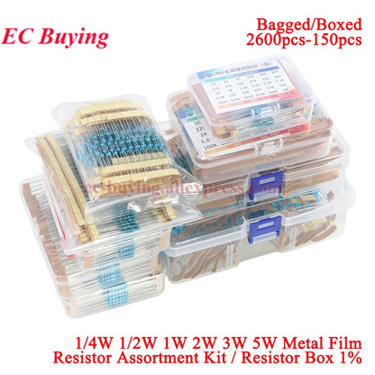 2600Pcs/150pcs 1/4W 1/2W 1W 2W 3W 5W Metal Film Resistor Assortment Kit 1% 0.25W 0.5W Resistance Set Electronic Components Kits