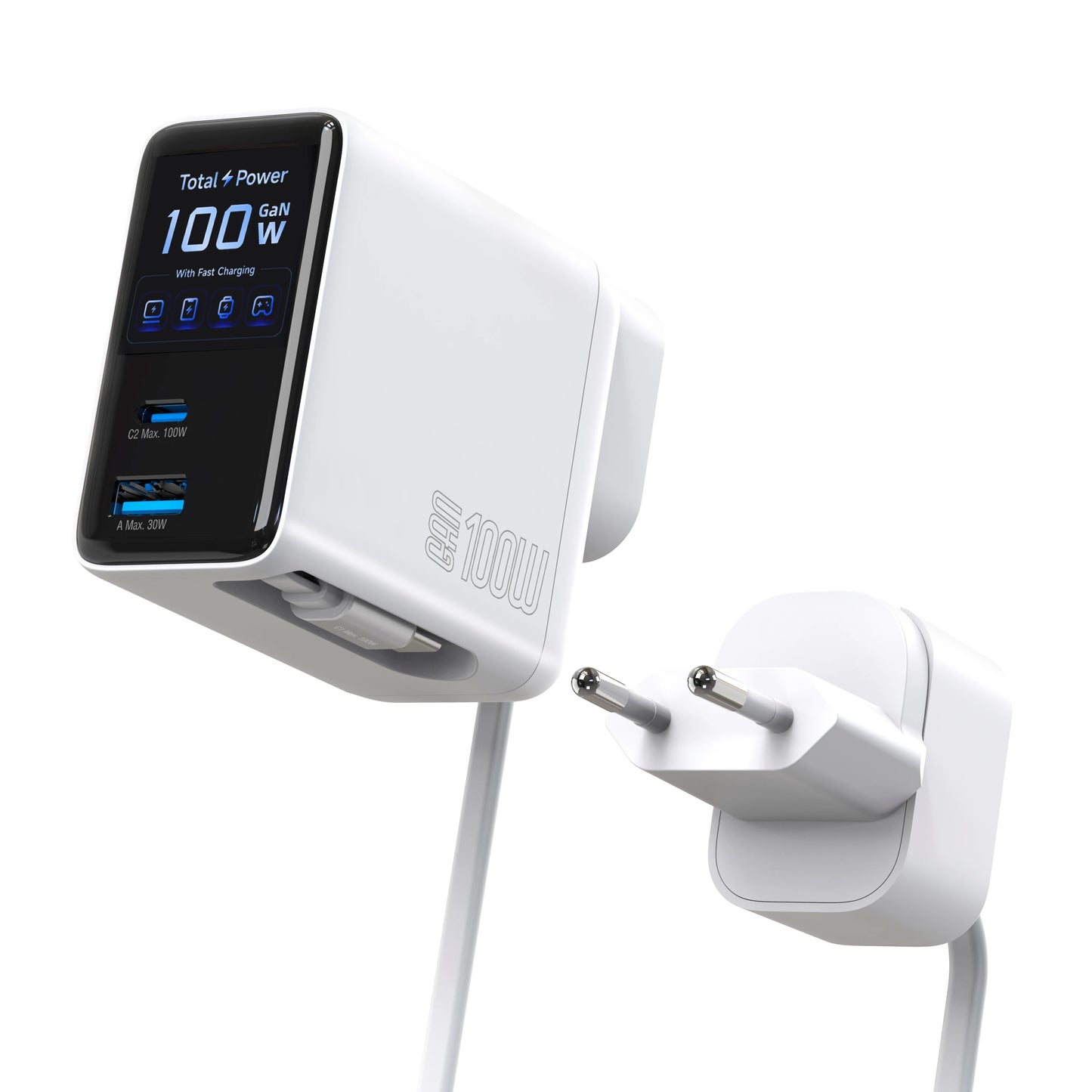 100W Wall Charger with 2-in-1 Retractable Cable And TFT Display Fast Charging GaN Charger for Phones Tablets And More