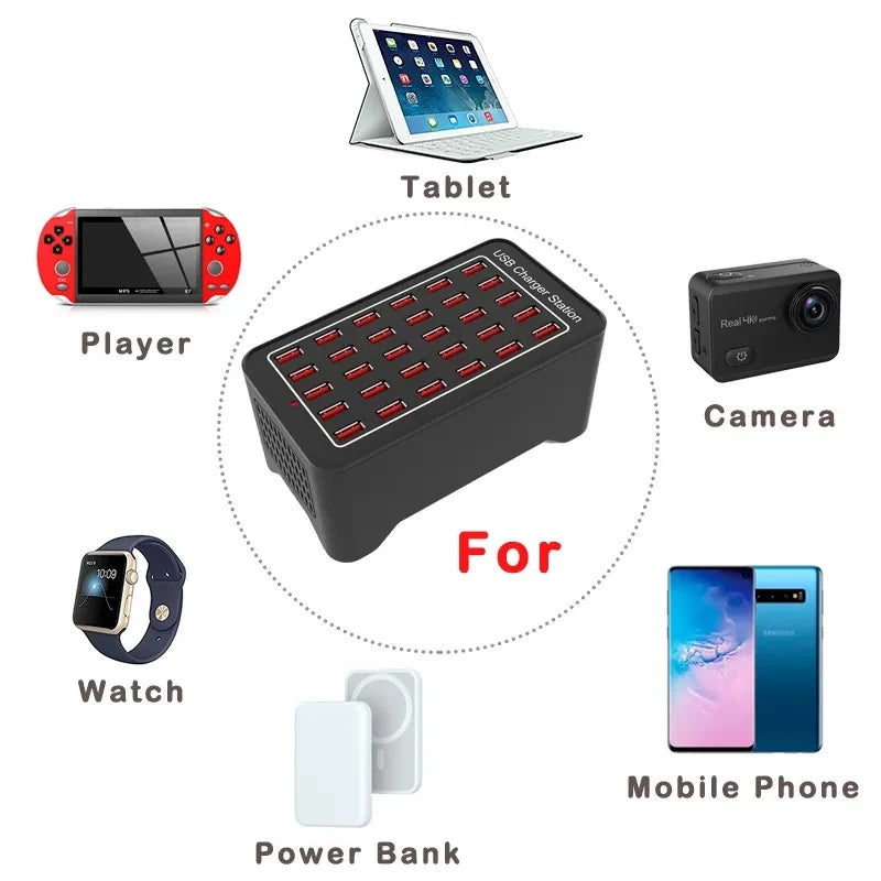 150W USB Charger 10 15 20 25 30 Ports HUB Universal Wall Desktop Fast Charging Station Dock for Mobile Phone Power Adapter