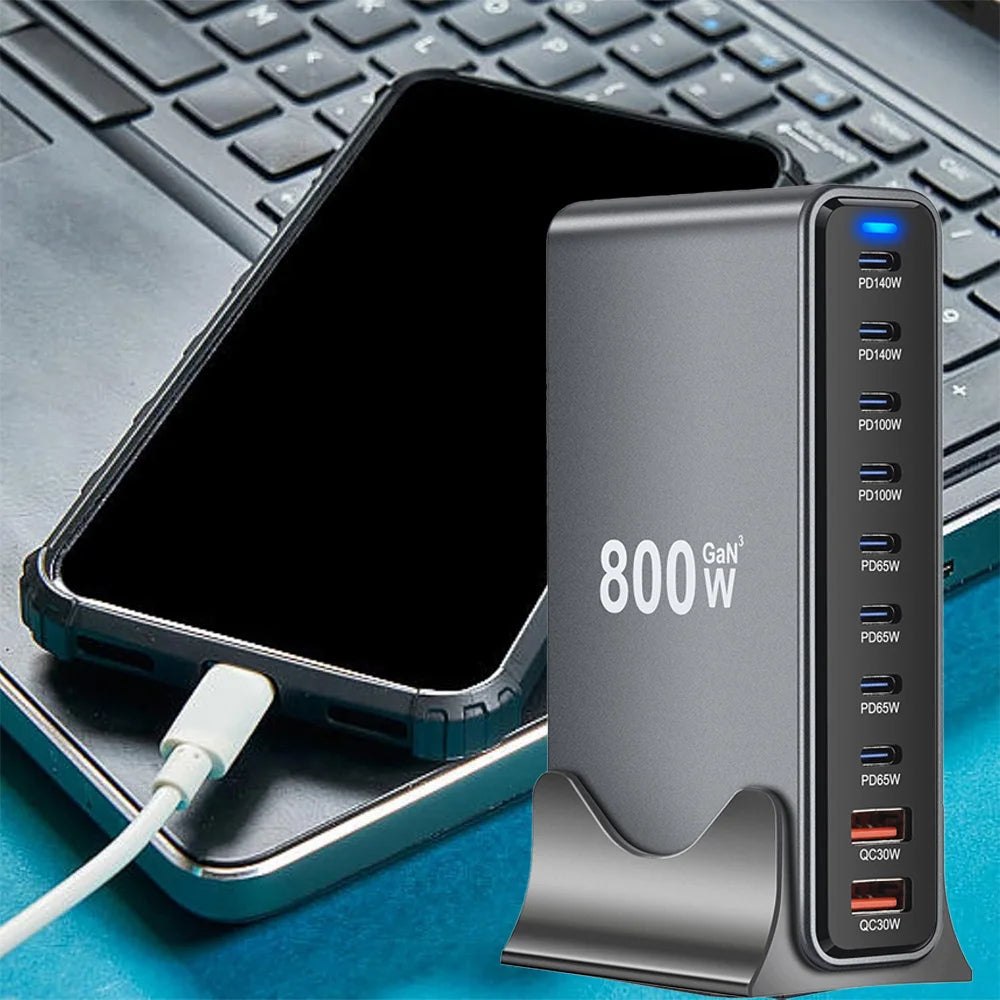 800W GaN 10 Ports Fast Charging Station Adapters USB C Dual 140W PD3.1 Desktop Charger for Multiple Devices Laptop Wall Charger