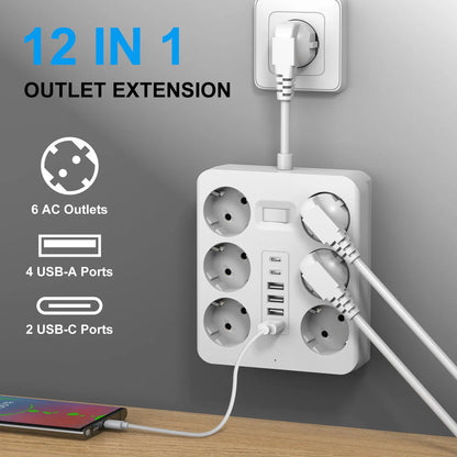 Wall Socket Extender with 6 AC Outlets 4 USB Ports 2 Type-C EU Plug Charger Electrical Switch For Home Power Strip Socket