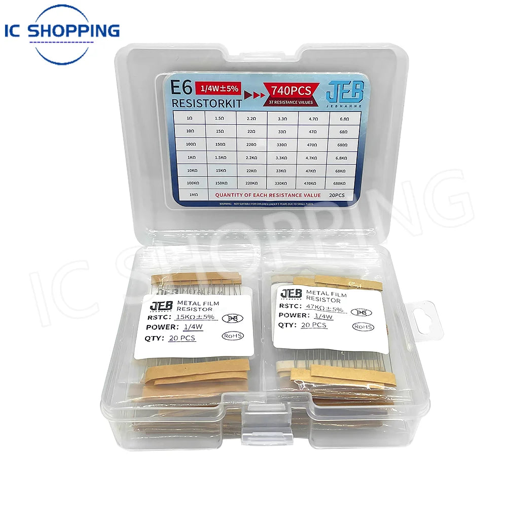 740PCS 1/4W Resistor Kit 37 Values Resistor Assortment 1Ω~1MΩ 0.25W 1% 5% Metal Film Resistors for DIY Projects and Experiments