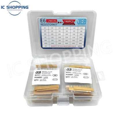 740PCS 1/4W Resistor Kit 37 Values Resistor Assortment 1Ω~1MΩ 0.25W 1% 5% Metal Film Resistors for DIY Projects and Experiments