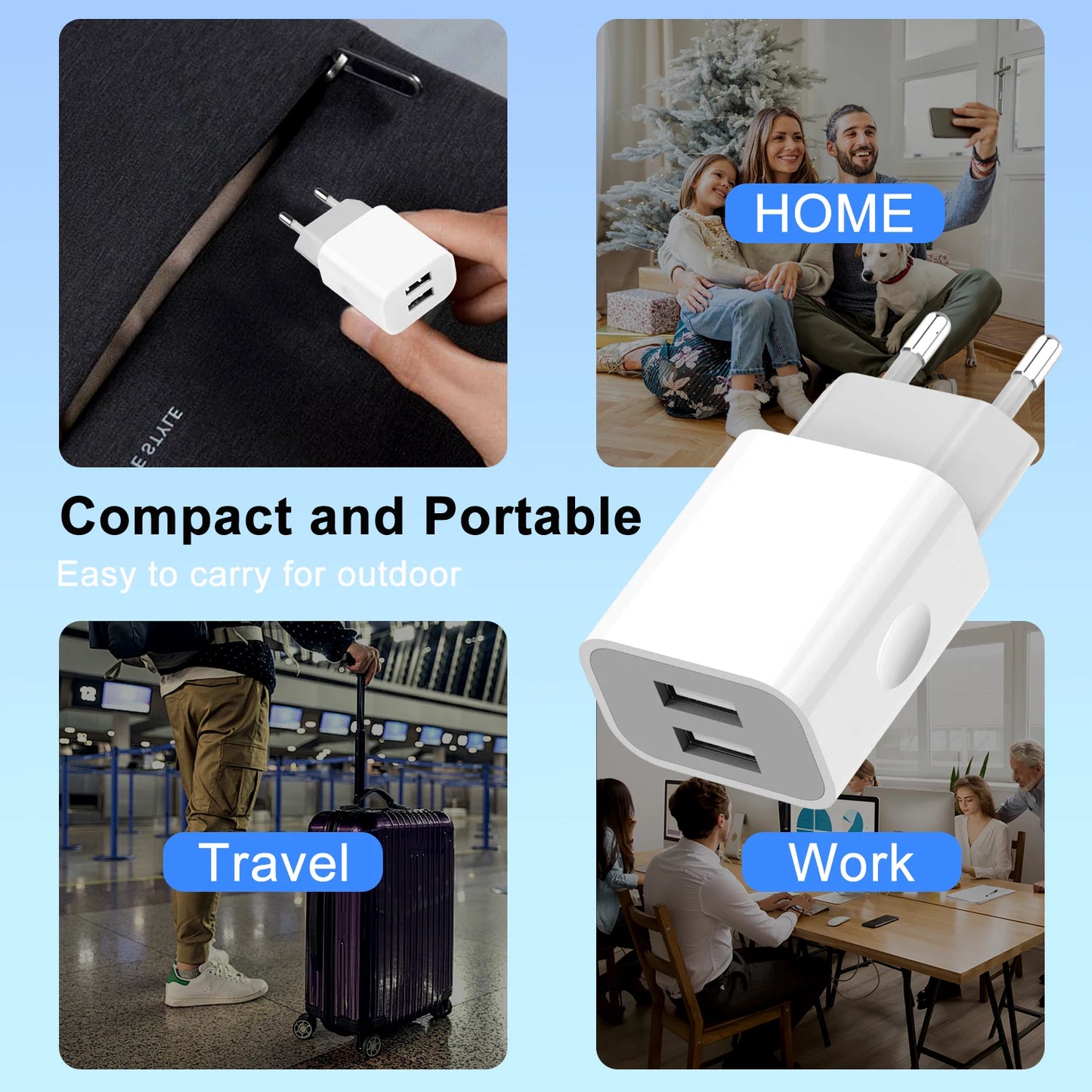 European Wall Charger, USB 2.1AMP Universal Europe Charger Block Dual Port Plug Compatible for Mobile Phone