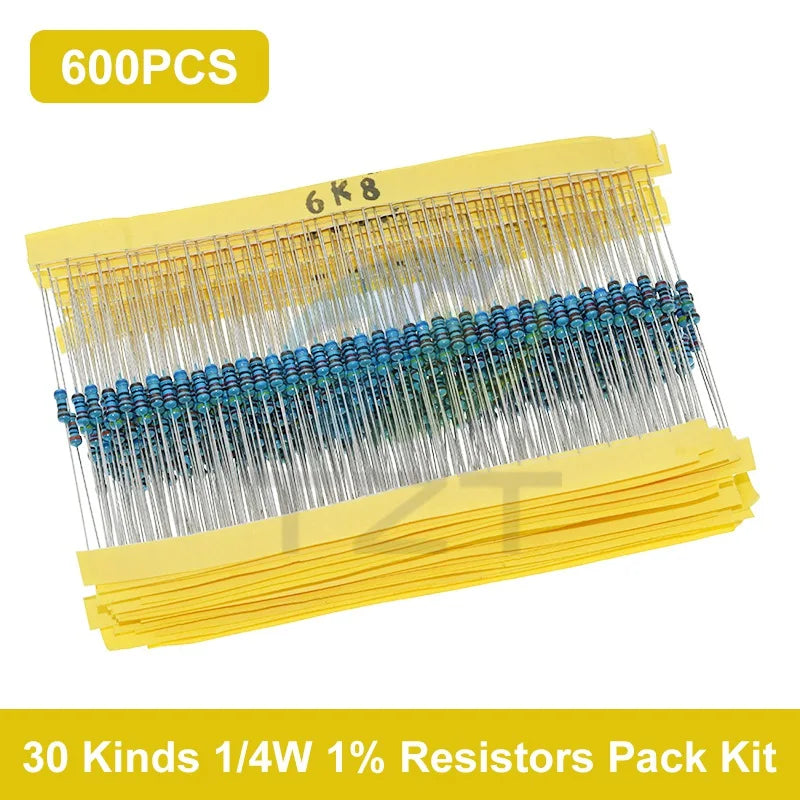 GREATZT 600pcs/set 30 Kinds 1/4W Resistance 1% Metal Film Resistor Pack Assorted Kit 1K 10K 100K 220ohm 1M Resistors 300pcs/set