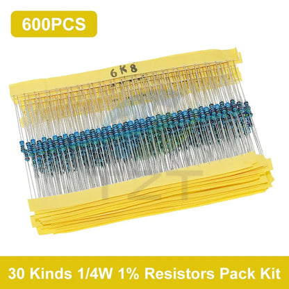 GREATZT 600pcs/set 30 Kinds 1/4W Resistance 1% Metal Film Resistor Pack Assorted Kit 1K 10K 100K 220ohm 1M Resistors 300pcs/set